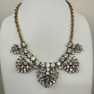 J. Crew Statement Bib Necklace Crystal Rhinestone Gold Tone Floral Glam Cluster